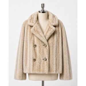 Faux Fur Coat Jacket Women's Sz L Camel Beige Gold Buttons Styled By Winter